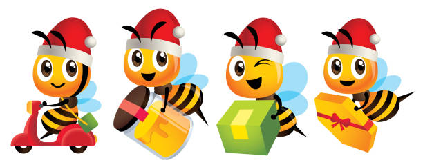 Merry Christmas! Cartoon cute bee mascot wearing Christmas hat. Cartoon cute bee deliver product set. Cute bee ride scooter, cute bee carry organic honey bottle - Vector character Christmas set Merry Christmas! Cartoon cute bee mascot wearing Christmas hat. Cartoon cute bee deliver product set. Cute bee ride scooter, cute bee carry organic honey bottle - Vector character Christmas set bike hand signals stock illustrations