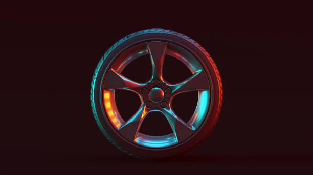 istock Silver Alloy Rim Wheel 5 Medium Flared Spokes Open Wheel Design with Racing Tyre with Red Blue Moody 80s lighting 1193030950