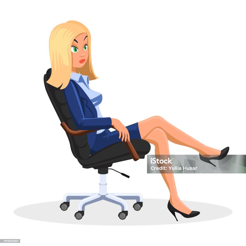 Ilustración Mujer De Negocios Rubia En Traje Formal Azul Sentado Con Las Cruzadas En La Silla De Oficina Rodante y más Vectores Libres de Derechos de Adulto - iStock