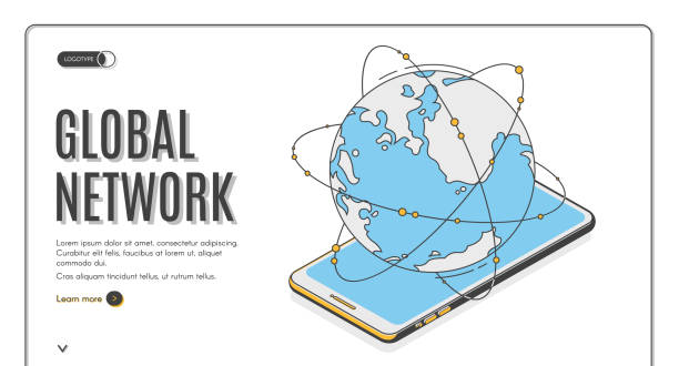 ilustraciones, imágenes clip art, dibujos animados e iconos de stock de página de inicio isométrica de la red global. teléfono terrestre - posing earth planet map