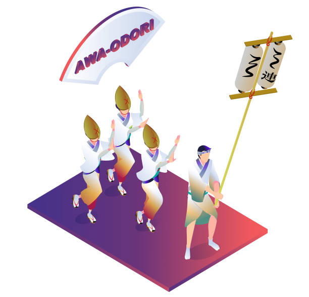 illustrations, cliparts, dessins animés et icônes de une illustration réalisée à l'aide de la projection isométrique d'awa odori, un festival culturel traditionnel japonais. version ornementale. - awa odori