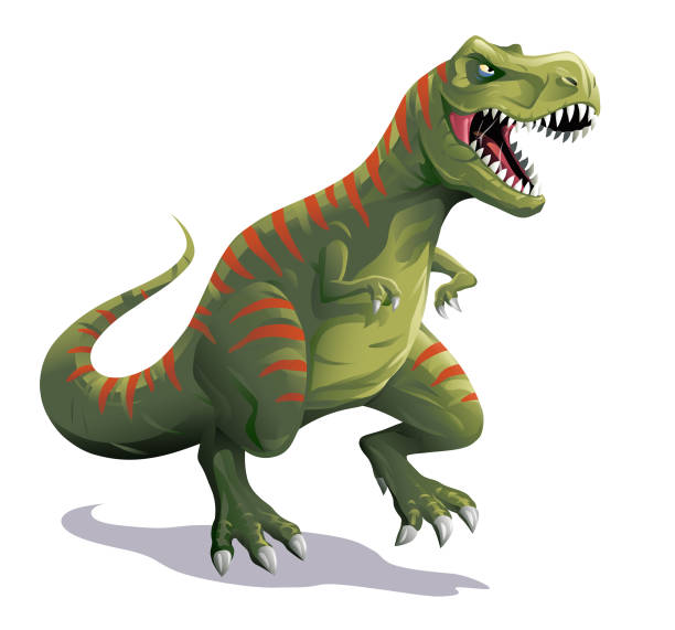 T-Rex Vector illustration of an angry green Tyrannosaurus Rex with red stripes walking and roaring, isolated on white. giant fictional character illustrations stock illustrations