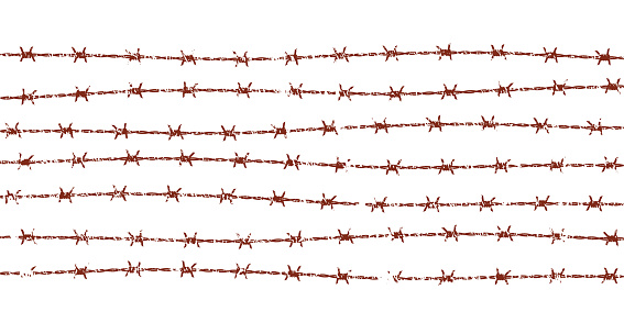 Grunge rusty shape silhouette of barbed wire. Vector illustration image. Isolated on white background. Barbwire fence barrier seamless pattern, texture.