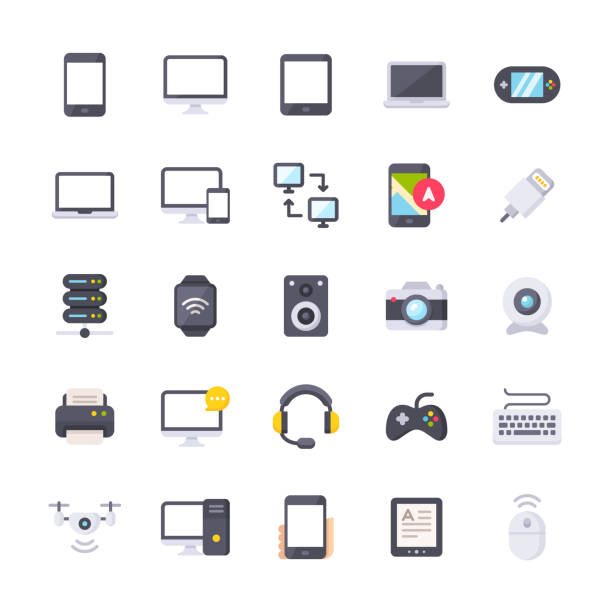 Devices Flat Icons. Material Design Icons. Pixel Perfect. For Mobile and Web. Contains such icons as Smartphone, Smartwatch, Gaming, Computer Network, Printer, Laptop, PC, Camera, Keyboard. 25 Devices Flat Icons. electronics industry illustrations stock illustrations