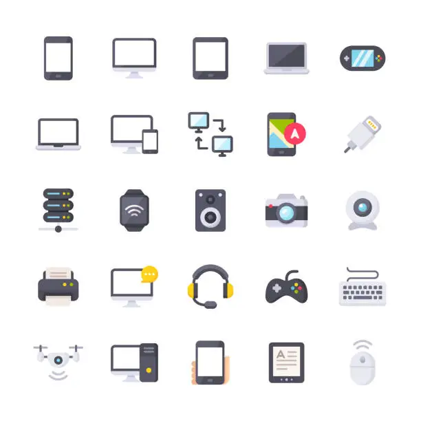 Vector illustration of Devices Flat Icons. Material Design Icons. Pixel Perfect. For Mobile and Web. Contains such icons as Smartphone, Smartwatch, Gaming, Computer Network, Printer, Laptop, PC, Camera, Keyboard.