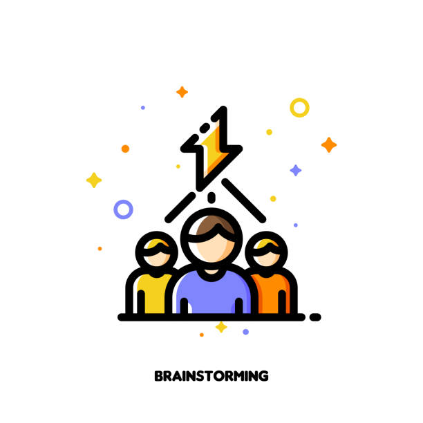 icon mit business-team und blitz als brainstorming-symbol für kreative ideen generierung konzept. flach gefüllter gliederungsstil. pixel perfekt 64x64. bearbeitbarer strich - brain lightning brainstorming intelligence stock-grafiken, -clipart, -cartoons und -symbole