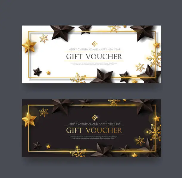 Vector illustration of Christmas voucher with black gold stars and snowflake ,gift card,discount,coupon,Vector illustration.