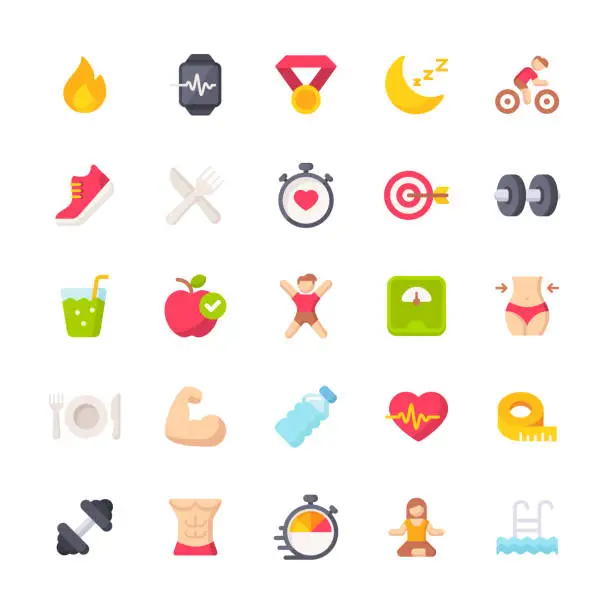 Vector illustration of Fitness and Workout Flat Icons. Material Design Icons. Pixel Perfect. For Mobile and Web. Contains such icons as Bodybuilding, Heartbeat, Swimming, Cycling, Running, Diet.