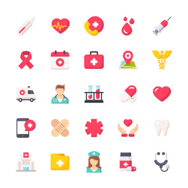 Healthcare Line Flat Icons. Material Design Icons. Pixel Perfect. For Mobile and Web. Contains such icons as Hospital, Doctor, Nurse, Medical help, Dental 25 Healthcare Flat Icons. nurse icons stock illustrations