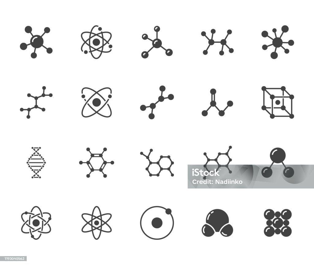 Molekül düz glyph simgeleri ayarlayın. Kimya bilimi, moleküler yapı, kimyasal laboratuvar DNA hücre proteini vektör çizimleri. Bilimsel araştırma işaretleri. Siluet pictogram piksel mükemmel 64x64 - Royalty-free Simge Vector Art