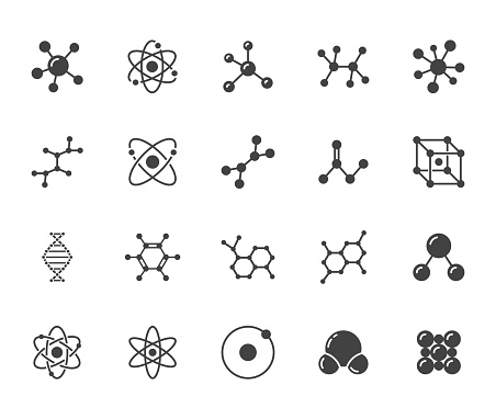 Molecule flat glyph icons set. Chemistry science, molecular structure, chemical laboratory dna cell protein vector illustrations. Signs scientific research. Silhouette pictogram pixel perfect 64x64.