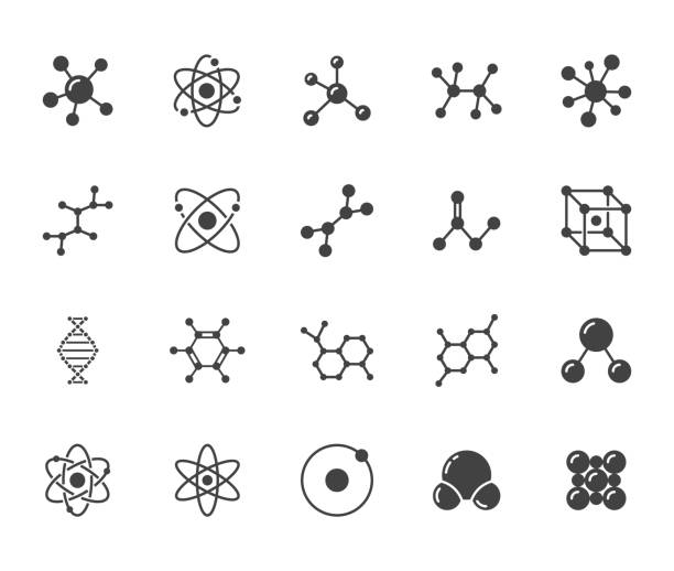 Molecule flat glyph icons set. Chemistry science, molecular structure, chemical laboratory dna cell protein vector illustrations. Signs scientific research. Silhouette pictogram pixel perfect 64x64 Molecule flat glyph icons set. Chemistry science, molecular structure, chemical laboratory dna cell protein vector illustrations. Signs scientific research. Silhouette pictogram pixel perfect 64x64. electron stock illustrations