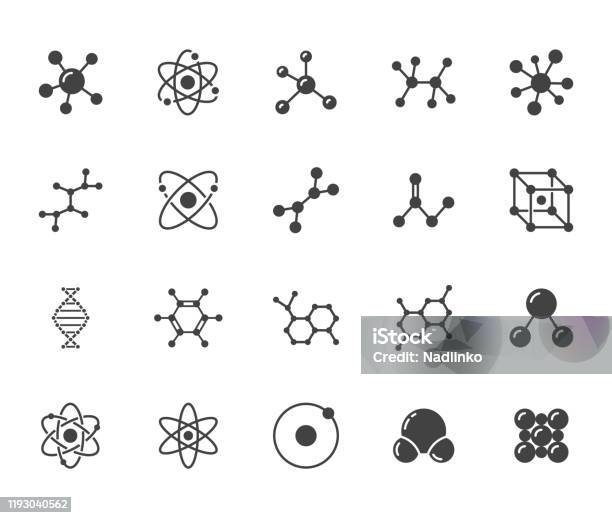 Molecule Flat Glyph Icons Set Chemistry Science Molecular Structure Chemical Laboratory Dna Cell Protein Vector Illustrations Signs Scientific Research Silhouette Pictogram Pixel Perfect 64x64 Stock Illustration - Download Image Now
