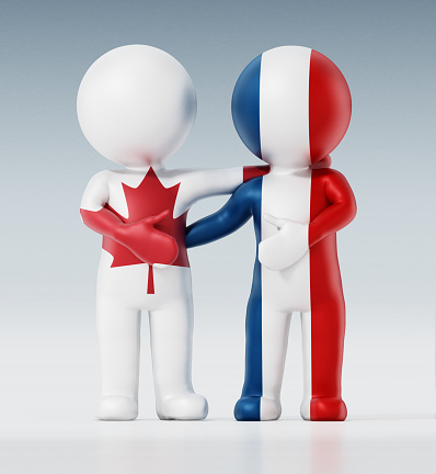3D faceless figures with Canada and France flags handshaking and greeting each other.
