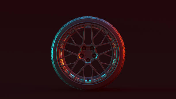 istock Silver Alloy Rim Wheel Complex Multi Spokes Open Wheel Design with Racing Tyre with Red Blue Moody 80s lighting 1193043855