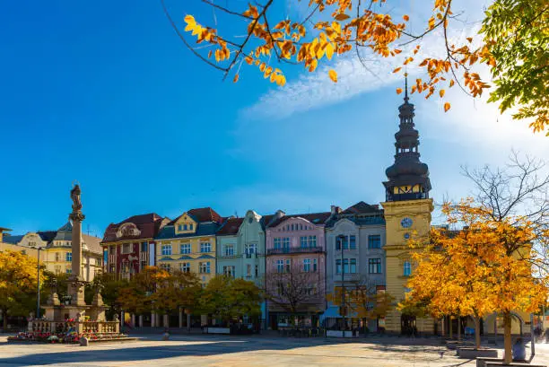 View of Masaryk Square, central square of Ostrava city overlooking Old Town Hall and Marian column on sunny autumn day, Czech Republic