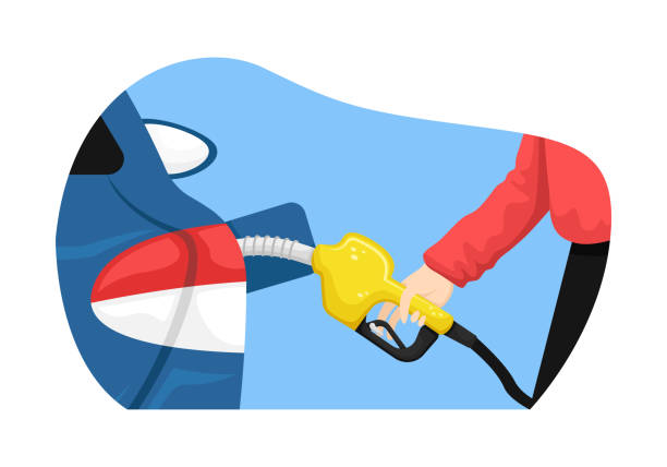 wektor izolowane ilustracji z człowiekiem napełniania samochodu benzyną na stacji benzynowej. - gas station gasoline refueling fuel pump stock illustrations