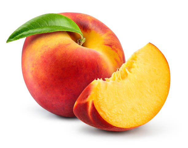 istock Peach isolate. Peach slice. Peach with leaf on white background. Full depth of field. With clipping path. 1193046759