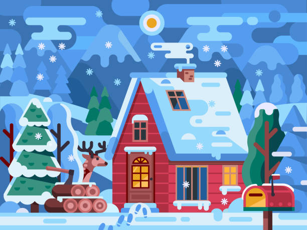 illustrazioni stock, clip art, cartoni animati e icone di tendenza di snowy winter log house in montagna - mountain landscape mountain peak small