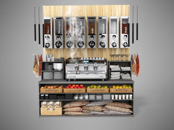 istock Concept coffee shop equipment with professional coffee machine 3d rendering on gray background with shadow 1193047834
