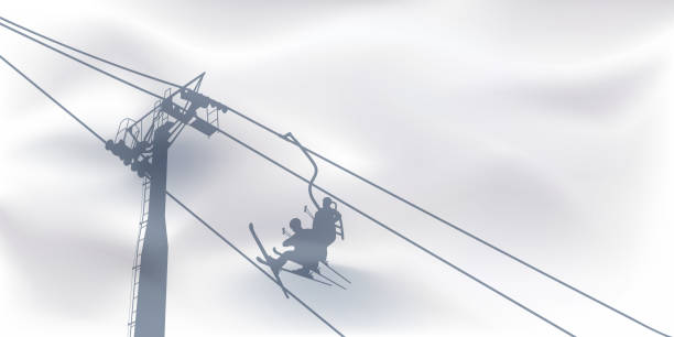 두 사람이 체어 리프트에 트랙을 걷고 겨울 스포츠 휴일의 상징. - mountain skiing ski lift silhouette stock illustrations