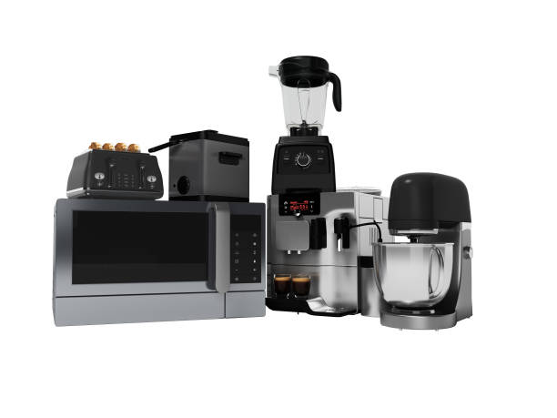 istock Group of kitchen appliances automatic professional coffee machine toaster mixer 3d render on white background no shadow 1193048773