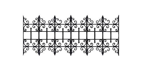 Seamless around the edges, cast iron pattern isolated on white background, fragment of an old fence