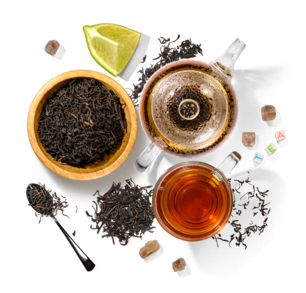 istock Black tea and accessories top view on white background 1193049092