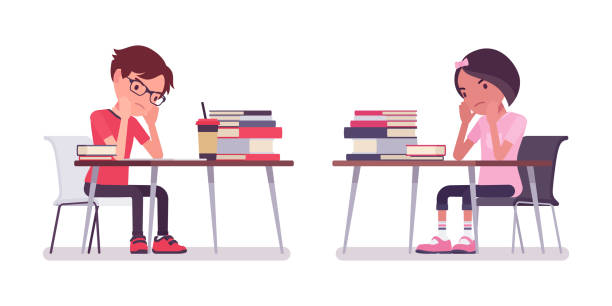 School boy, girl sitting at desk tired with study, work School boy, girl sitting at desk tired with study and home work. Cute small children, young friend kids, smart elementary pupils aged between 7 and 9 year old. Vector flat style cartoon illustration no more homework stock illustrations