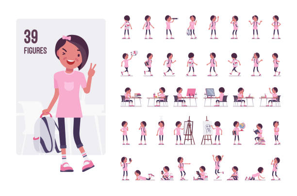 illustrazioni stock, clip art, cartoni animati e icone di tendenza di ragazza della scuola in un set di personaggi casual - group of objects child student women