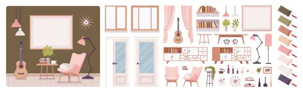 Vector illustration of Living room interior and retro design construction set