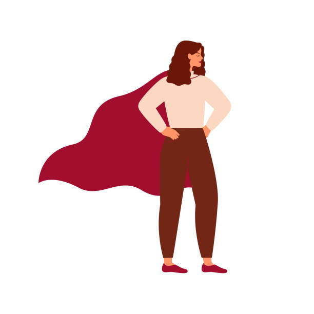 Strong superhero woman wearing cape Strong superhero woman wearing cape. Feminism concept, girl power. Inspirational and motivational female character.Vector illustration in flat cartoon style. courage illustrations stock illustrations
