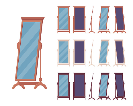Fitting floor mirror, full-length dressing room or bedroom standing decorative element in a classic wooden design. Full body horizontal Vector flat style cartoon illustration, different view and color