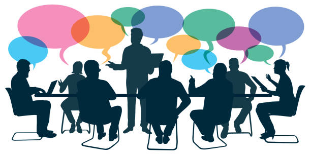 Concept of consultation, with a business leader who discusses the directions with his employees. Concept of teamwork with senior executives who discuss to define the company's strategy during a brainstorming. silhouette people group stock illustrations