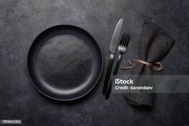Empty Plate Fork And Knife Stock Photo - Download Image Now - Plate, Black Color, Silverware