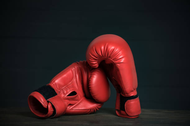 istock Pair of red boxing gloves on a black background. Copy space 1193056241