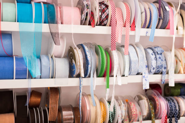 istock Colorful ribbons on store showcase 1193058428