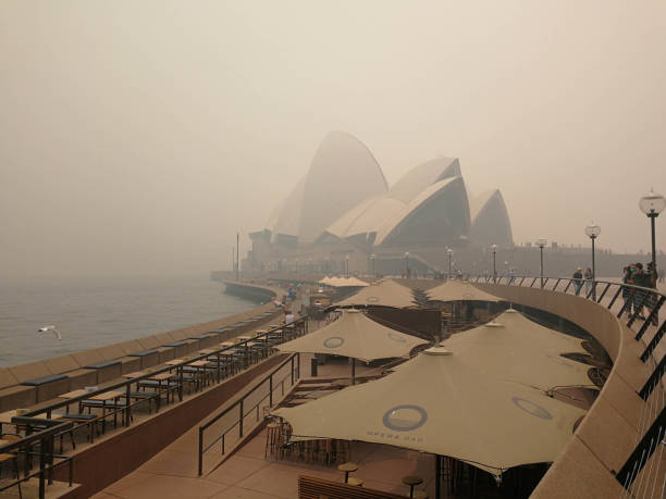 bushfire Smoke haze covered over the opera house, view from Opera house bar. Australia:10-12-2019 stock photo