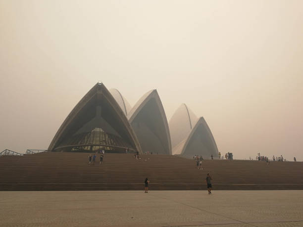 smoke haze over The Opera House from uncontrolled bush fire in Sydney, Australia : 10/12/2019 stock photo