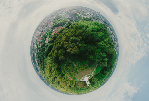 360 VR Sphere, Panorama. Vilnius city down town, Fosest and Pakr on the hill. Drone shot from above.