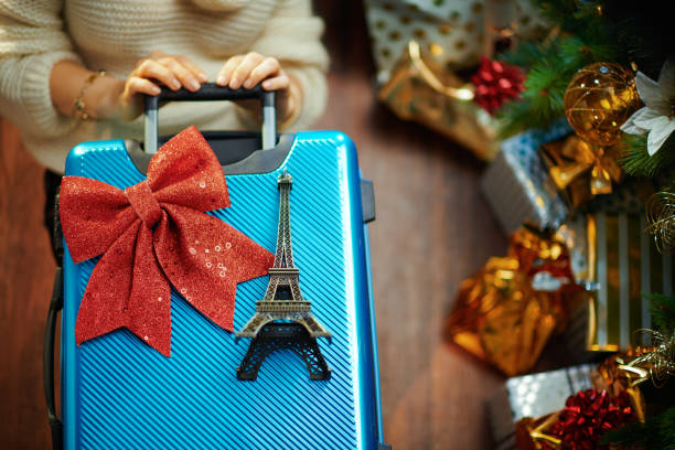 istock woman with travel suitcase and Eiffel tower souvenir 1193060614