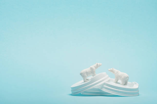 istock Two toy polar bears on plastic coffee lids on blue background, ecological problem concept 1193064519
