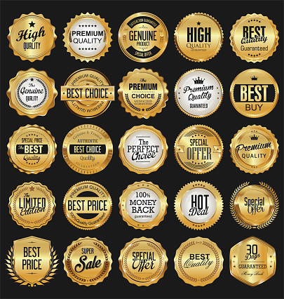 Collection of golden badges labels laurels and ribbons