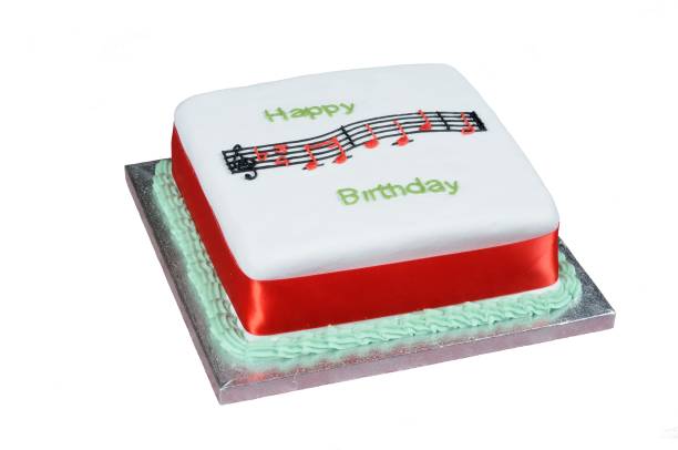 istock Happy Birthday music and text atop a square white cake 1193065370