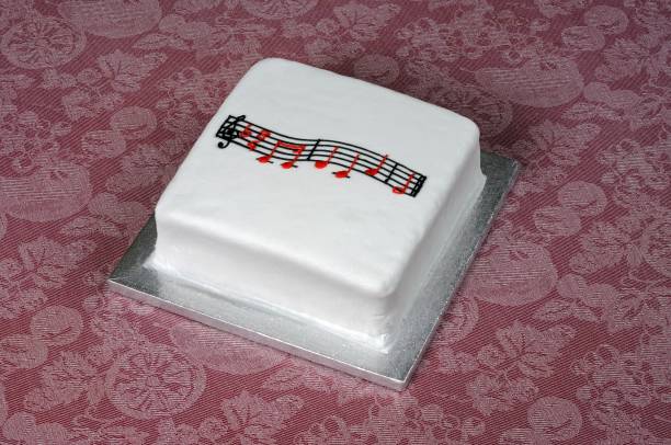 istock Happy Birthday music atop a square white cake. 1193065375