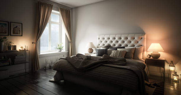Warm and Cozy Master Bedroom Digitally generated warm and cozy master bedroom interior design.

The scene was rendered with photorealistic shaders and lighting in Autodesk® 3ds Max 2020 with V-Ray Next with some post-production added. owners bedroom photos stock pictures, royalty-free photos & images