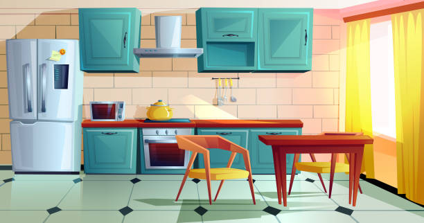 Kitchen Interior Witn Wooden Furniture Cartoon Stock Illustration -  Download Image Now - Kitchen, Cartoon, Cooking - iStock