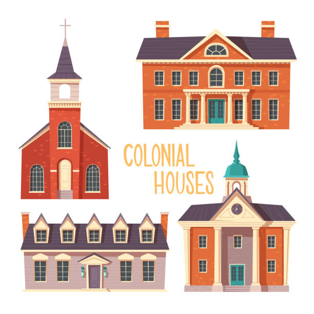 Urban retro colonial style building cartoon Urban retro colonial style building cartoon vector set illustration. Old residential and government buildings, church, Victorian houses isolated on white background colonial style stock illustrations