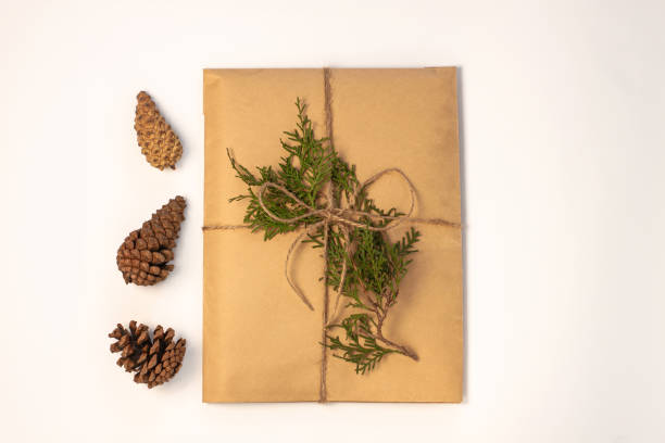 istock Eco gift box wrapping in kraft paper on white background isolated.Composition present decorated Christmas tree branches. 1193072254