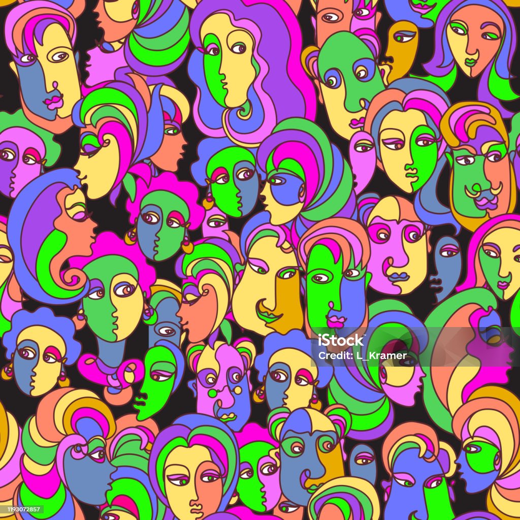 Futuristic People Portraits In Psychedelic Colors On A Black Background  Seamless Pattern Hippie Print Batik Cubism Wallpaper Wrapping Paper  Fashionable Textile Print Stock Illustration - Download Image Now - iStock